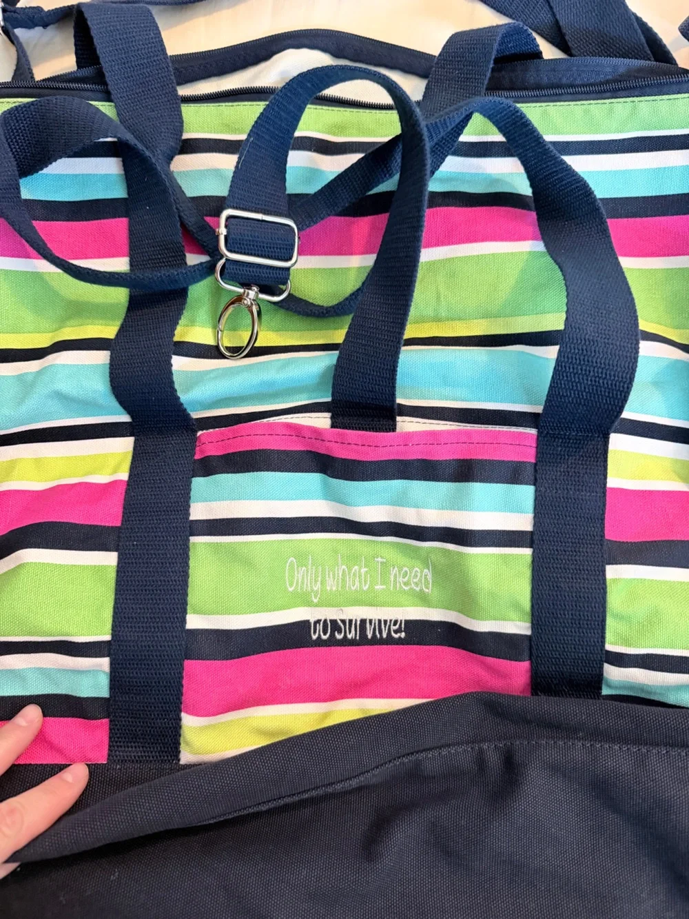 Thirty-One Striped Tote Bag with Navy Trim  and matching tote -